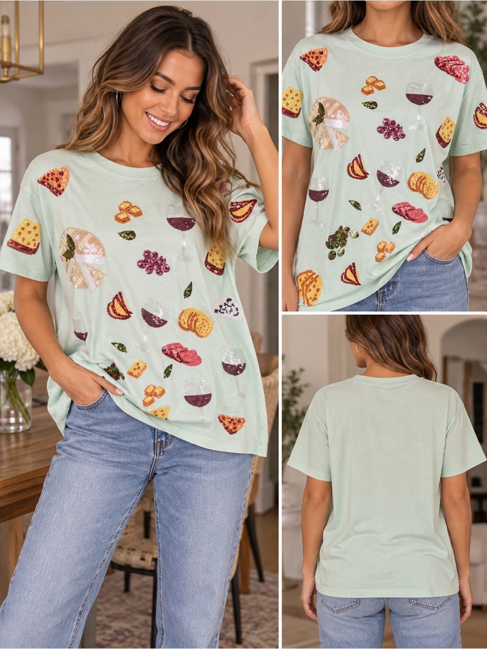 QUEEN OF SPARKLES Mint Short Sleeve Snack-Print Tee